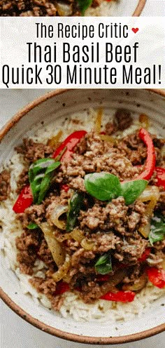 the recipe for thai basil beef is in a bowl with rice and red peppers on top