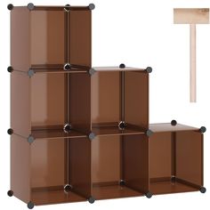 a set of six brown shelves with black handles