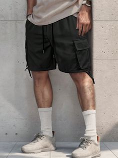 Men's Flip Pocket Casual Workwear Cargo Shorts Black Street   Fabric Letter,Plain Straight Leg Non-Stretch  Men Clothing, size features are:Bust: ,Length: ,Sleeve Length: Cargo Shorts Black, Short Cargo, Casual Workwear, Fabric Letters, Style Noir, Shorts Black, Men Clothing, Mens Bottom, Cargo Shorts