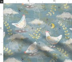 a blue fabric with white birds on it