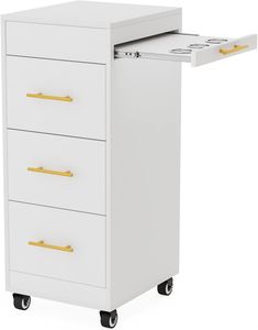 a white cabinet with three drawers and two yellow handles on the bottom, against a white background