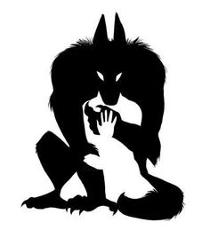 the silhouette of a wolf with its paw on it's face, in black and white