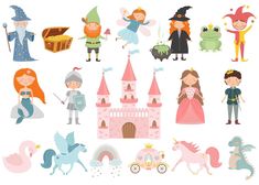 children's fairy tale clip art set with princess, prince and unicorns in different poses