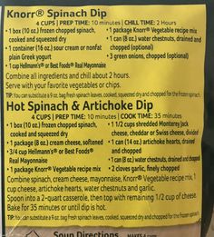 a sign with instructions on how to cook spinach and artichoke dip