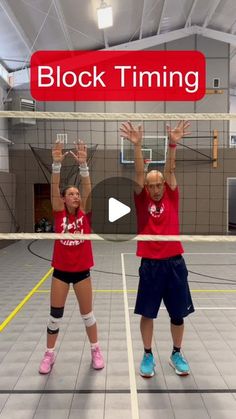 two girls are playing volleyball in an indoor court with the words block time on it