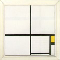 an abstract painting with black, yellow and white squares in the center on a white background