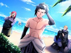 an anime character sitting on the beach with two other characters behind him and palm trees in the background