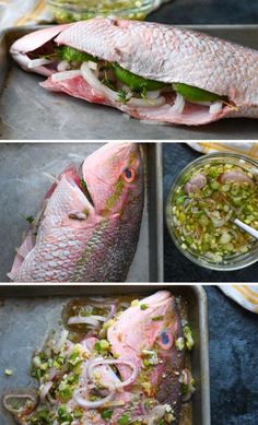 three pictures showing different stages of fish being prepared to be cooked and put in the oven