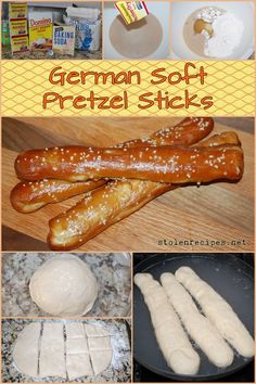 german soft pretzel sticks in the process of being made and then put together