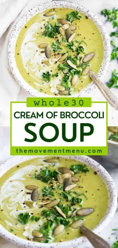 There's so much to love about this easy cream of broccoli soup! Not only is it filled with nutrients and veggies, but it is also creamy and delicious. Put this on your rotation of Whole30 dinner ideas! Broccoli Soup Whole 30, Healthy Broccoli Soup Clean Eating, Paleo Broccoli Soup, Healthy Cream Of Broccoli Soup, Cream Of Broccoli Soup Recipe Healthy, Dairy Free Cream Of Broccoli Soup, Broccoli Soup Dairy Free, Recipe For Cream Of Broccoli Soup, Broccoli Chowder