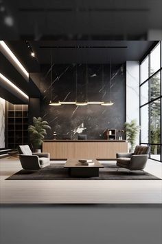 an elegant living room with black walls and marble flooring, modern furniture and lighting