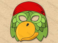 a green bird with a red hat on it's head is shown in the shape of a mask