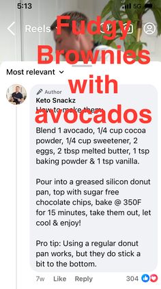 the text reads, fuddy brownies with avocados and is displayed in red