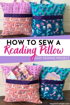 three bags with the words how to sew a reading pillow on them and an image of