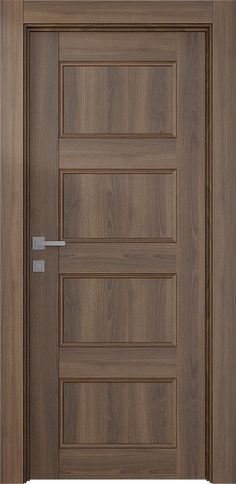 a wooden door with metal handles on the front and side panels, in dark wood