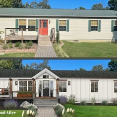 before and after photos of a home with porch, front door and steps leading up to the house