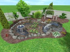 this is an artist's rendering of a small garden with rocks and water features