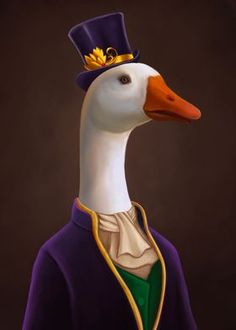 a painting of a duck wearing a purple coat and top hat with a gold crown