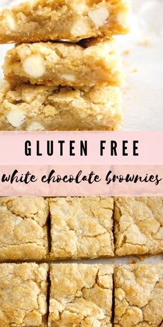 gluten free white chocolate brownies stacked on top of each other with text overlay