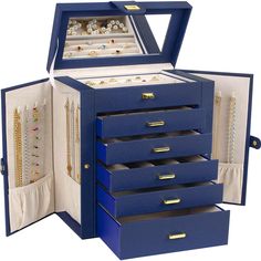 a blue jewelry box with five drawers