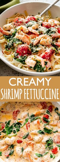 creamy shrimp fettuccine with spinach and tomatoes