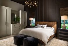 a bedroom with a large bed and two stools in front of the headboard