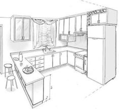 a drawing of a kitchen with an island