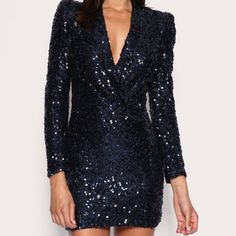 Amazing Navy Blue Sequined French Connection Dress Chic Blue Mini Dress For Gala, Fitted Embellished Blue Midi Dress, Blue Embellished Fitted Midi Dress, Blue V-neck Mini Dress For Gala, Blue Embellished V-neck Mini Dress, Blue Fitted Mini Dress For Dinner, Blue V-neck Sequin Dress For Formal Occasions, Blue Sequin Mini Dress For Date Night, Blue Sequin Dress For Date Night In Spring