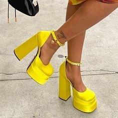 Hollywood Heels, Versace Heels, Yellow Heels, Funky Shoes, Chunky Shoes, Fancy Shoes, Cute Heels