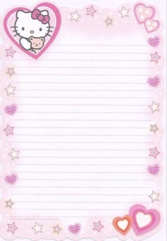 a pink hello kitty station paper with hearts and stars on the border, in front of a