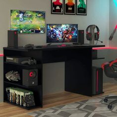 a computer desk with two monitors and headphones on it in front of a wall mounted video game system