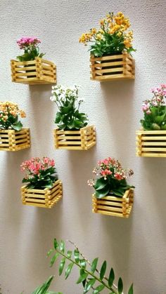 several wooden planters with flowers in them hanging on a wall next to a potted plant