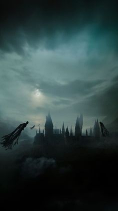 an image of a castle in the sky with ghost hands coming out from behind it