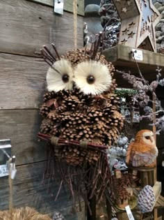 an owl made out of pine cones is hanging on a wooden wall next to other decorations