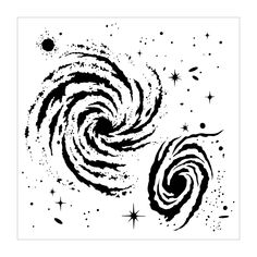 an abstract black and white spiral design with stars in the sky, on a white background