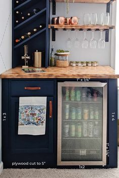 a small bar with wine glasses and bottles on the top shelf, next to a mini fridge