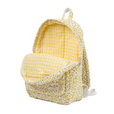 Quilt Backpack, School Bag Design, Gingham Interior, Yellow Backpack, Clothing Wishlist, Unique Backpacks, Yellow Gingham, Floral Backpack, Tool Bags