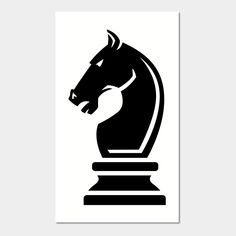 a black and white image of a chess board with the head of a horse on it