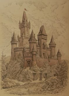 a drawing of a castle on top of a hill