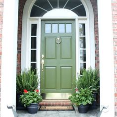 a green front door with potted plants on the steps and an arch above it