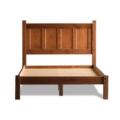 a wooden bed frame with slatted headboard and foot board on an isolated white background