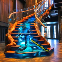 a spiral staircase with blue and orange water flowing down it