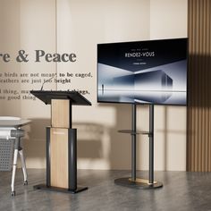 a podium stands in front of a wall with a sign on it that says peace and peace