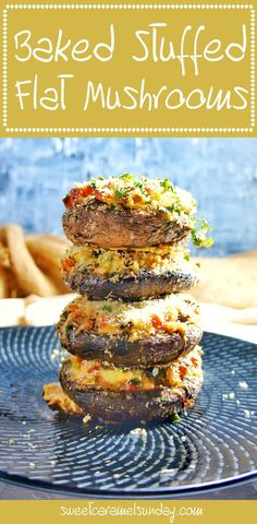 three baked stuffed mushrooms stacked on top of each other with text overlay reading baked stuffed fish mushrooms