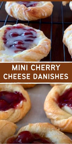 mini cherry cheese danishes on a baking rack with text overlay that reads mini cherry cheese danishes