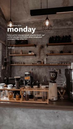 an image of a coffee shop setting with shelves and pots on the wall above it