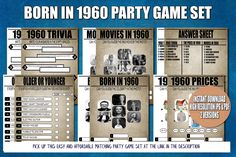 the poster for born in 1950 party game set, with pictures and text on it