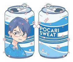 an anime character with glasses is next to a can of soda that says pocari sweat