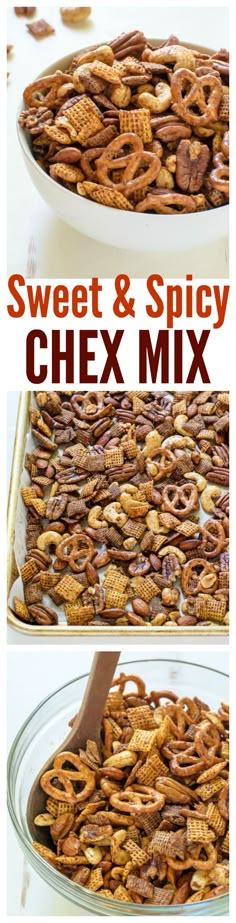 two pictures showing how to make sweet and spicy chex mix