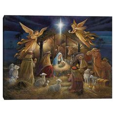 a nativity scene with angels and sheeps in the foreground, surrounded by stars